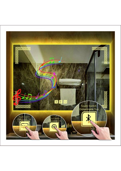 65X90 cm Beyaz Ledli Tasarım Kumlamalı Dokunmatik Bluetoothlu Buğu Önleyicili Makyaj Banyo Aynası