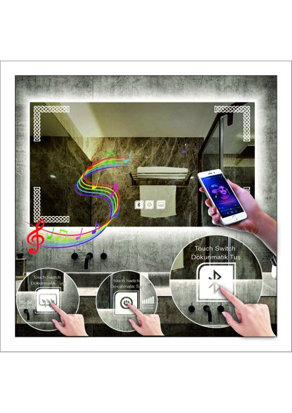 70X100 cm Beyaz Ledli Tasarım Kumlamalı Dokunmatik Bluetoothlu Buğu Önleyicili Makyaj Banyo Aynası