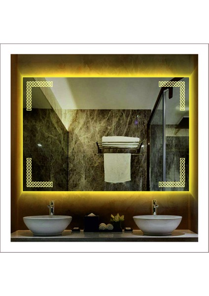 80X100 cm Beyaz Ledli Tasarım Kumlamalı Banyo Aynası Makyaj Aynası Işıklı Ayna