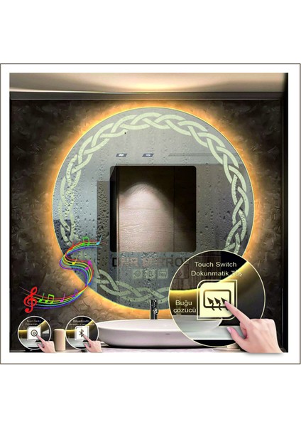 90 cm Beyaz Ledli Tasarım Kumlamalı Dokunmatik Bluetoothlu Buğu Önleyicili Banyo Aynası Makyaj Ayna fırsatları