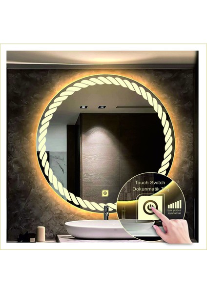 90 cm Beyaz Ledli Tasarım Kumlamalı Dokunmatik Tuşlu Banyo Aynası Makyaj Aynası Işıklı Ayna