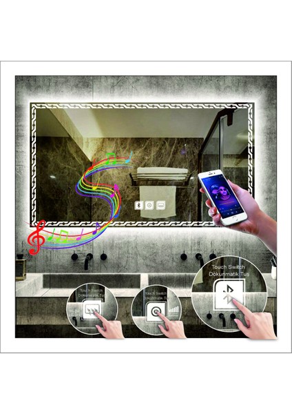 80X120 cm Beyaz Ledli Tasarım Kumlamalı Dokunmatik Bluetoothlu Buğu Önleyicili Makyaj Banyo Aynası