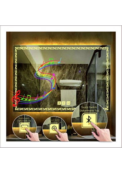 80X120 cm Beyaz Ledli Tasarım Kumlamalı Dokunmatik Bluetoothlu Buğu Önleyicili Makyaj Banyo Aynası