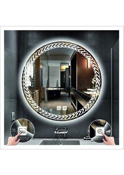 70 cm Günışığı Ledli Tasarım Kumlamalı Dokunmatik Tuşlu Buğu Önleyicili Banyo Aynası Makyaj Aynası