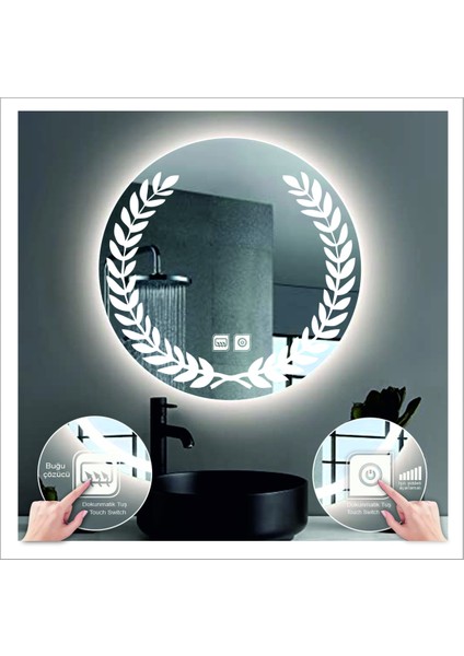 55 cm Beyaz Ledli Tasarım Kumlamalı Dokunmatik Tuşlu Buğu Önleyicili Banyo Aynası Makyaj Aynası fiyatları
