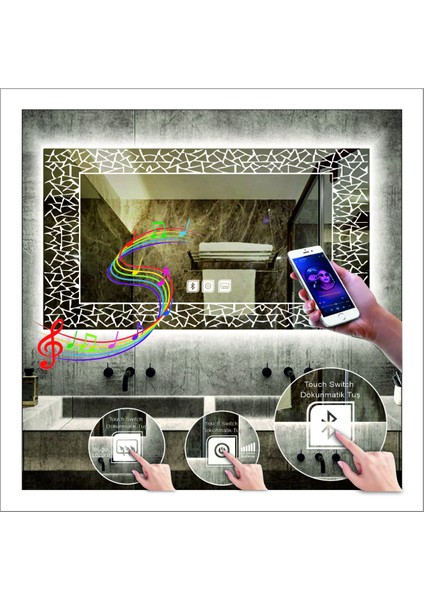 65X90 cm Günışığı Ledli Tasarım Kumlamalı Dokunmatik Bluetoothlu Buğu Önleyicili Makyaj Banyo Aynası