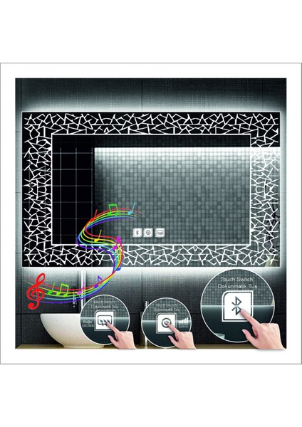 65X90 cm Günışığı Ledli Tasarım Kumlamalı Dokunmatik Bluetoothlu Buğu Önleyicili Makyaj Banyo Aynası