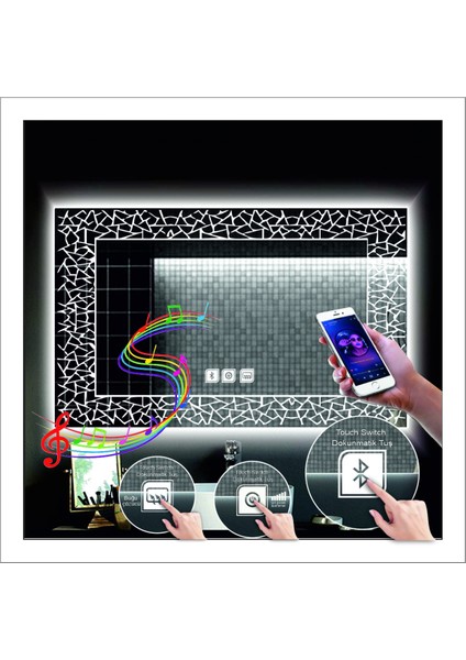 65X90 cm Günışığı Ledli Tasarım Kumlamalı Dokunmatik Bluetoothlu Buğu Önleyicili Makyaj Banyo Aynası