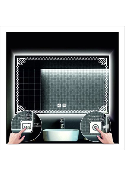 75X105 cm Beyaz Ledli Tasarım Kumlamalı Dokunmatik Tuşlu Buğu Önleyicili Banyo Aynası Makyaj Aynası fırsatları