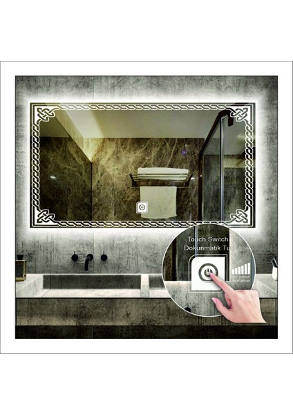 80X100 cm Günışığı Ledli Tasarım Kumlamalı Dokunmatik Tuşlu Banyo Aynası Makyaj Aynası Işıklı Ayna