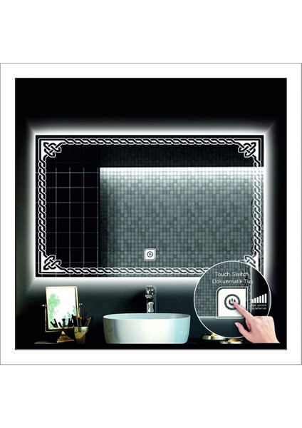 80X100 cm Günışığı Ledli Tasarım Kumlamalı Dokunmatik Tuşlu Banyo Aynası Makyaj Aynası Işıklı Ayna