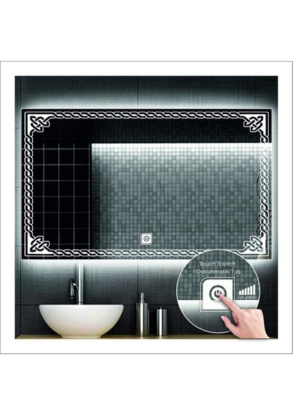80X100 cm Günışığı Ledli Tasarım Kumlamalı Dokunmatik Tuşlu Banyo Aynası Makyaj Aynası Işıklı Ayna