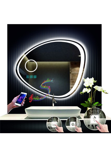 70 cm Çapında Bluetoothlu Buğu Çözücülü Dokunmatik Ledli Makyaj Aynalı Asimetrik Banyo Aynası