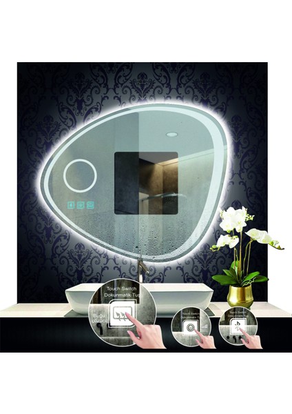70 cm Çapında Bluetoothlu Buğu Çözücülü Dokunmatik Ledli Makyaj Aynalı Asimetrik Banyo Aynası
