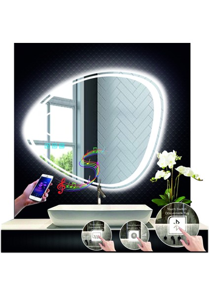 70 cm Çapında Bluetoothlu Buğu Çözücülü Dokunmatik Ledli Makyaj Aynalı Asimetrik Banyo Aynası