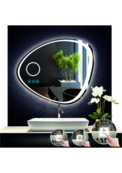 70 cm Çapında Bluetoothlu Buğu Çözücülü Dokunmatik Ledli Makyaj Aynalı Asimetrik Banyo Aynası