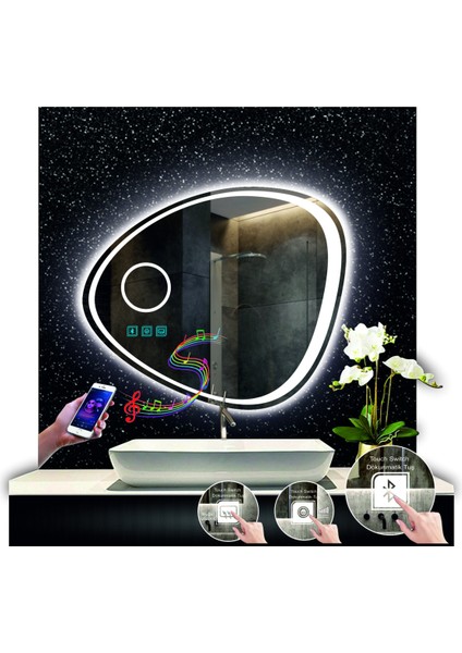 70 cm Çapında Bluetoothlu Buğu Çözücülü Dokunmatik Ledli Makyaj Aynalı Asimetrik Banyo Aynası