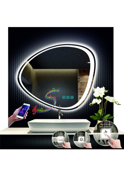 70 cm Çapında Bluetoothlu Buğu Çözücülü Dokunmatik Ledli Kumlamalı Asimetrik Banyo Aynası LED Işıklı