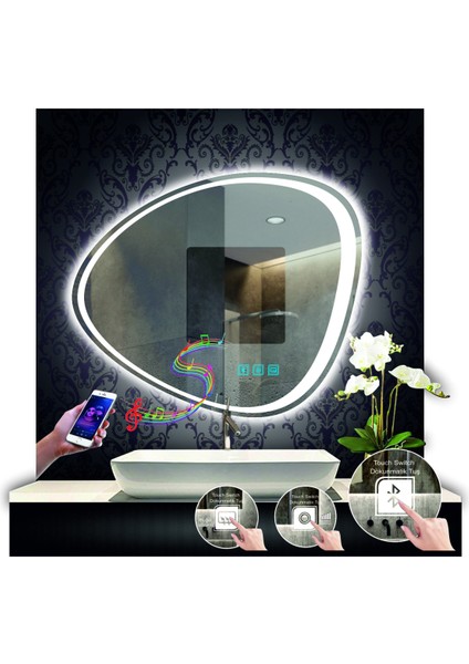 70 cm Çapında Bluetoothlu Buğu Çözücülü Dokunmatik Ledli Kumlamalı Asimetrik Banyo Aynası LED Işıklı