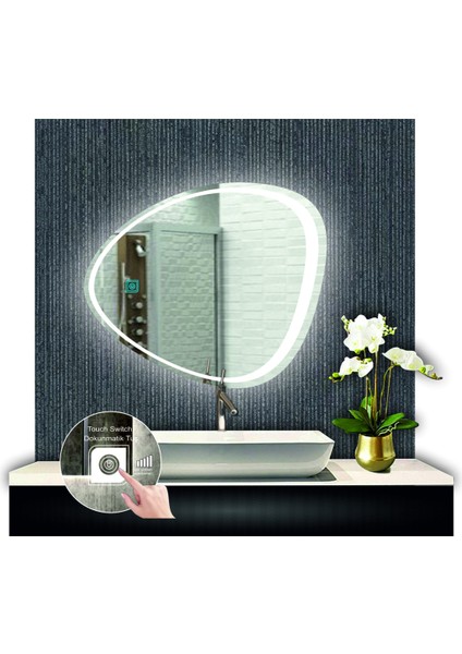 80 cm Çapında Dokunmatik Ledli Kumlamalı Asimetrik Banyo Aynası Dekoratif Makyaj Aynası Ledli Yatay