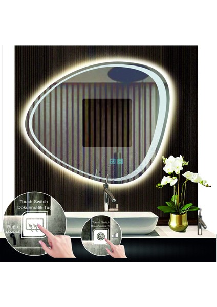 80 cm Çapında Buğu Çözücülü Dokunmatik Ledli Kumlamalı Asimetrik Banyo Aynası Dekoratif Ledli Işıklı fırsatları