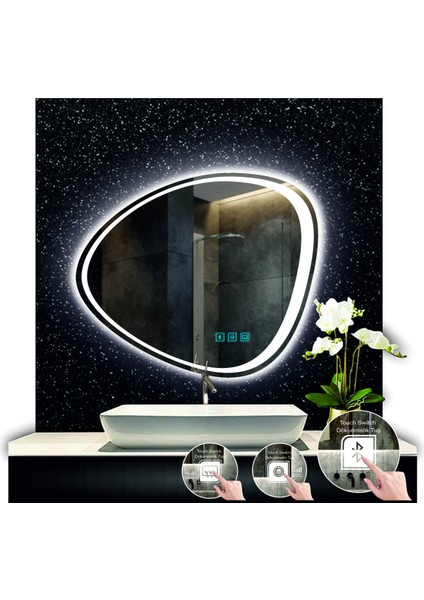 70 cm Çapında Bluetoothlu Buğu Çözücülü Dokunmatik Ledli Kumlamalı Asimetrik Banyo Aynası LED Işıklı