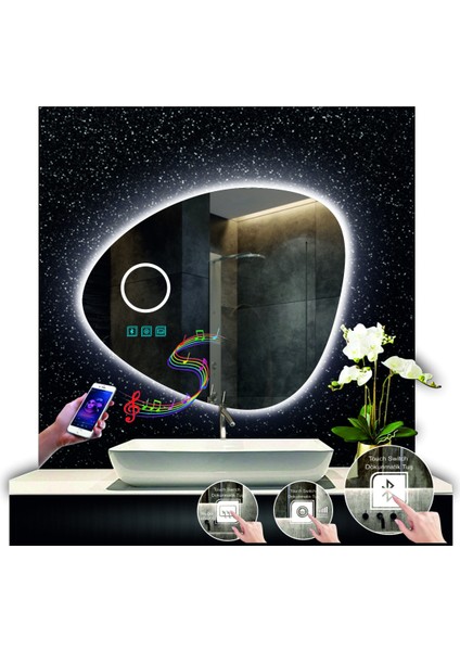 80 cm Çapında Bluetoothlu Buğu Çözücülü Dokunmatik Ledli Makyaj Aynalı Asimetrik Banyo Aynası