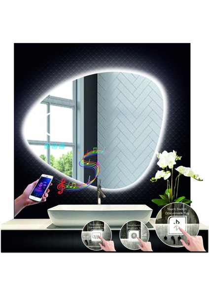 80 cm Çapında Bluetoothlu Buğu Çözücülü Dokunmatik Ledli Makyaj Aynalı Asimetrik Banyo Aynası modelleri
