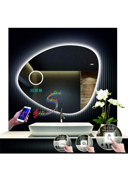 80 cm Çapında Bluetoothlu Buğu Çözücülü Dokunmatik Ledli Makyaj Aynalı Asimetrik Banyo Aynası fırsatları