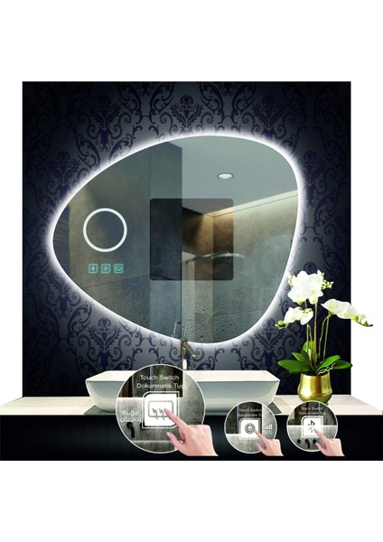 80 cm Çapında Bluetoothlu Buğu Çözücülü Dokunmatik Ledli Makyaj Aynalı Asimetrik Banyo Aynası indirimleri