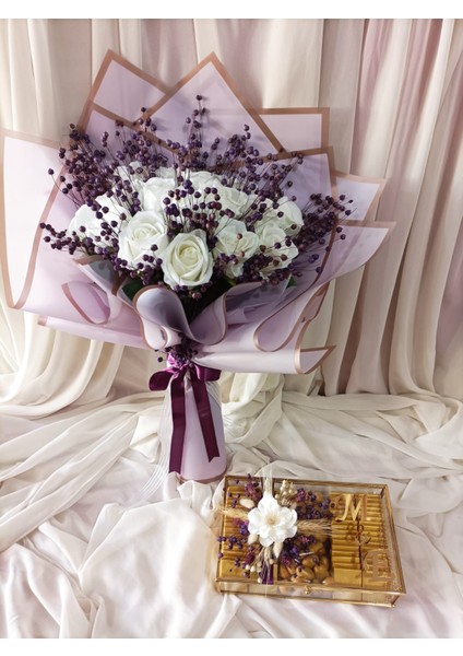 Lila/mor Kız Isteme Çiçek Buketi ve Çikolata Seti