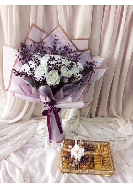 Lila/mor Kız Isteme Çiçek Buketi ve Çikolata Seti modelleri