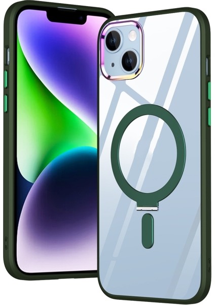 Apple iPhone 13 Kılıf Wireless Tacsafe Ivy Standlı Ultra Koruma Sert Kapak Yeşil