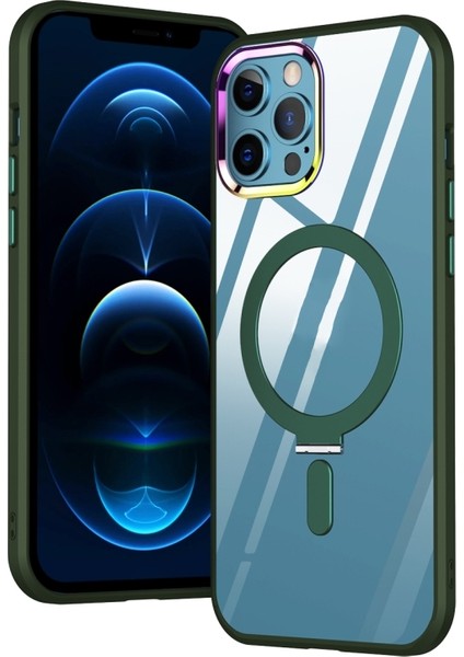 Apple iPhone 12 Pro Kılıf Wireless Tacsafe Ivy Standlı Ultra Koruma Sert Kapak Yeşil