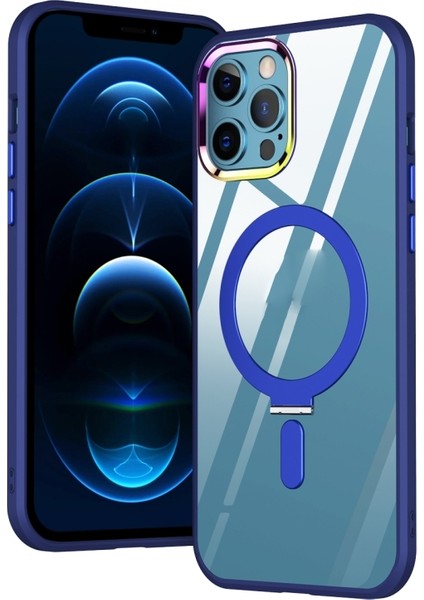 Apple iPhone 12 Pro Max Kılıf Wireless Tacsafe Ivy Standlı Ultra Koruma Sert Kapak Lacivert