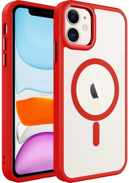 Apple iPhone 11 Kılıf Wireless Şarj Özellikli Buttom Magsafe Silikon Kapak Kırmızı