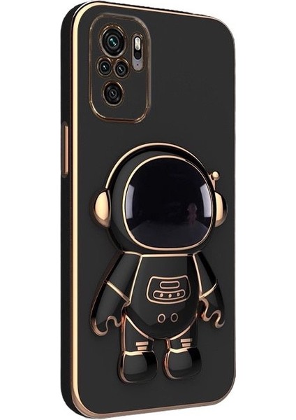 Xiaomi Redmi Note 10 Kılıf Kamera Korumalı Astronot Desenli Standlı Silikon Siyah