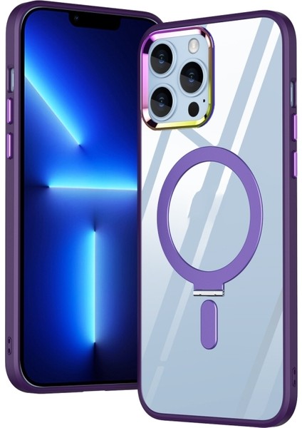 Apple iPhone 13 Pro Max Kılıf Wireless Tacsafe Ivy Standlı Ultra Koruma Sert Kapak Derin Mor