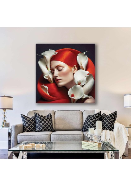 Saçlarının Arasında Beyaz Gala Çiçekleri Olan Kırmızı Saçlı Kadın Kuaför Kare Kanvas Tablo