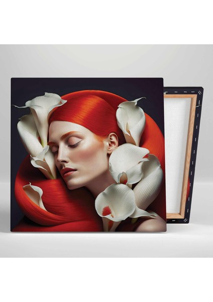 Saçlarının Arasında Beyaz Gala Çiçekleri Olan Kırmızı Saçlı Kadın Kuaför Kare Kanvas Tablo fiyatları