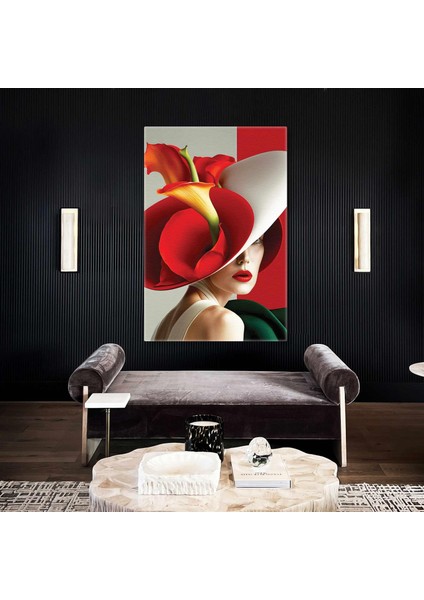 Saçlarının Arasında Beyaz Gala Çiçekleri Olan Turuncu Saçlı Kadın Kuaför Dikey Kanvas Tablo