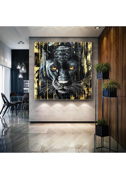 Gold Detaylı Sert Bakışlı Jaguar Hayvan Dekor Kanvas Tablo