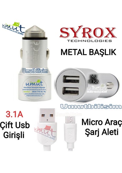 Çift Girişli Araç Şarj Cihazı + Micro USB Kablo - C32 3.1A Araç Içi Şarj Adaptörü