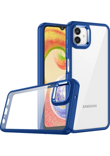 Case 4U Samsung Galaxy A04E Uyumlu Kılıf Kamera Çıkıntılı Arkası Kristal Şeffaf Hassas Tuşlu Renkli Kenarlı Flora Kapak Lacivert