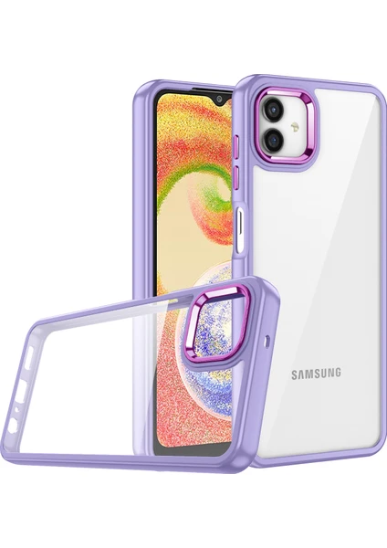 Case 4U Samsung Galaxy A04E Uyumlu Kılıf Kamera Çıkıntılı Arkası Kristal Şeffaf Hassas Tuşlu Renkli Kenarlı Flora Kapak Lila