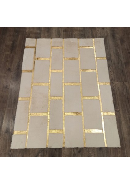 Beyaz Gold Bordürlü Peluş Halı 120 x 180 cm