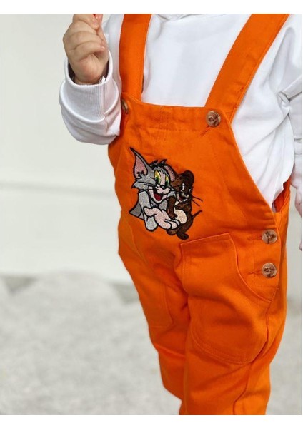 Tom & Jerry Nakışlı Kardeş Kombin Bahçıvan Tulum & Sweat Set - Turuncu fırsatları