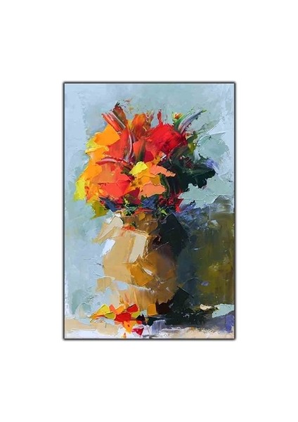 Saksıda Turuncu Çiçek Yağlı Boya Dokulu Tablo