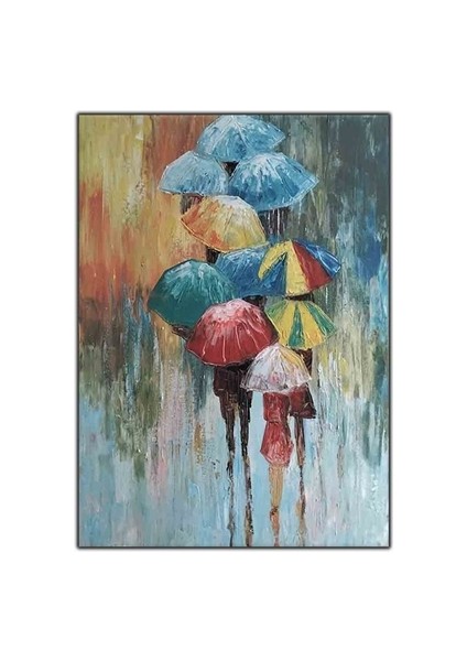Renkli Şemsiyeler ve Insanlar Orijinal Yağlı Boya Tablo
