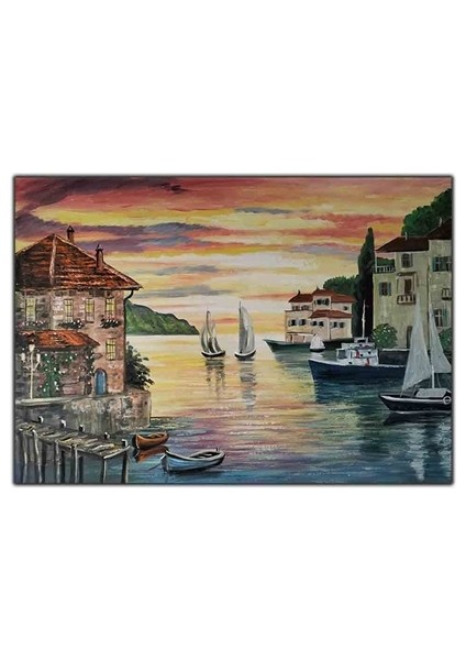 Gün Batımı ve Deniz Manzaralı Ev ve Yelkenli Gemiler Orijinal Yağlı Boya Tablo